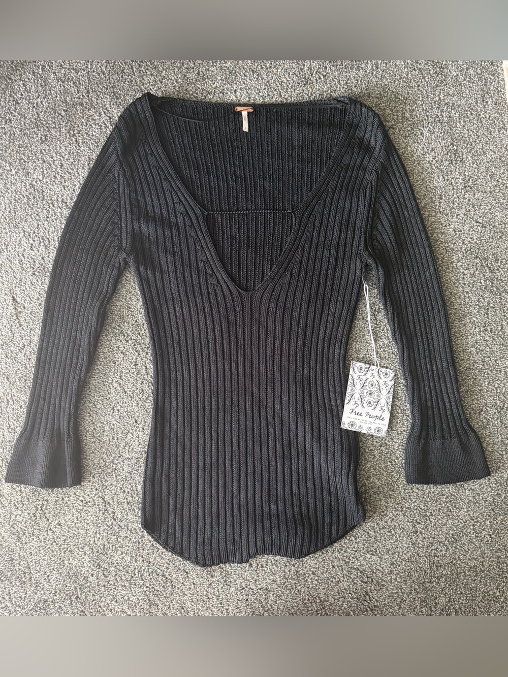 Free People Black Ribbed V-Neck Slim Long Sleeve Sweater